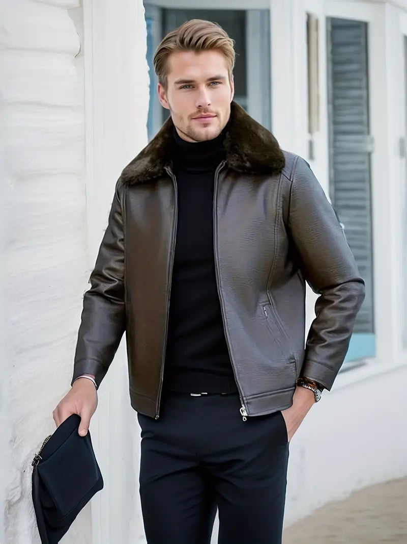 Jack - Herren Lässig Solide Farbe Zip Up Revers Kunstleder Jacke Für Herbst Winter