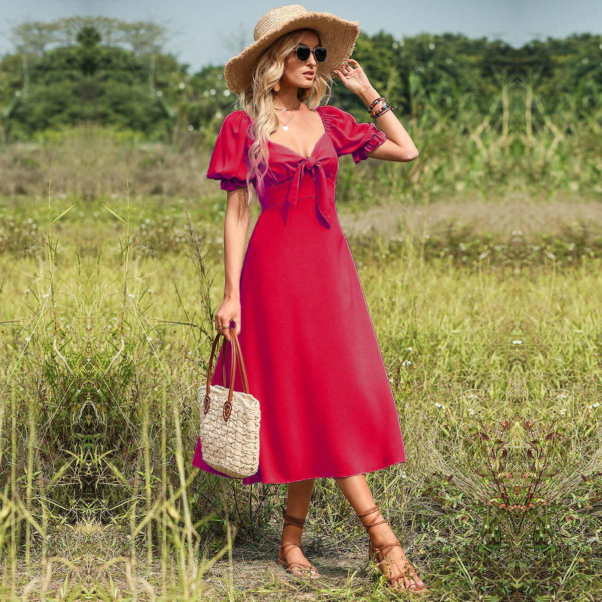 Aminta - Rotes Damen-Kleid mit Puffärmeln