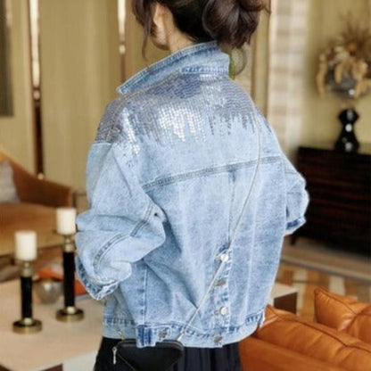 Kurze Pailletten Taschen-Denimjacke