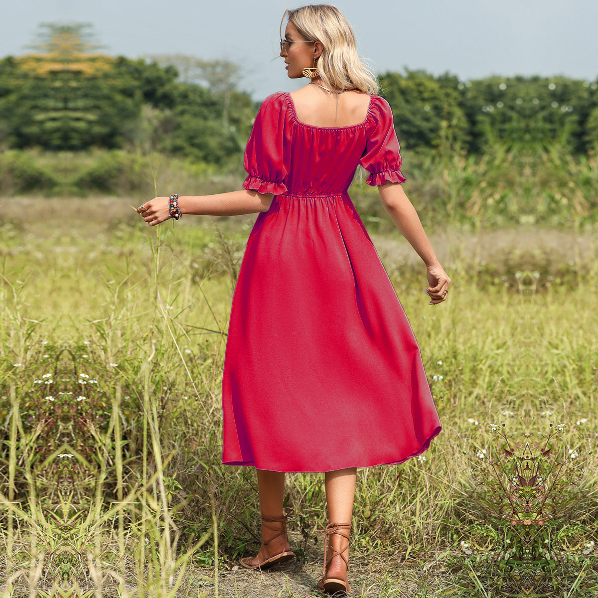 Aminta - Rotes Damen-Kleid mit Puffärmeln