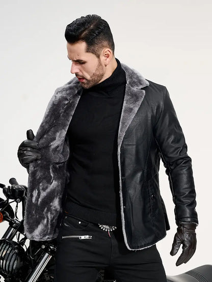 Victor - Plus Size Herren Revers Kunstleder Business Mantel Plüsch Mode Lederjacke